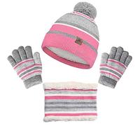 IHCEMIH Winter Beanie Hat Scarf Gloves Set 3 in 1 Girls Boys Knitted Cap Neck Warmer Magic Mitten Fleece Lining Thermal 3pcs Winter Accessories Sets Sports Outdoor Gifts for Children Kids Pink