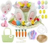 IHClink Easter Bonnet Kit - DIY Easter Hat Craft Activities with Hat & Bag, Feathers, Chicks, Eggs, Bunnies, Daisy Lace, Carrots, Grass (Green) - Unisex Kids