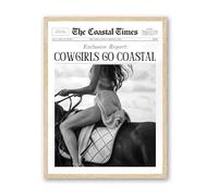 iHery Cowgirls Go Coastal Framed NewsPaper Canvas Wall Art,Natural OAK Wood Large 16x20in Wall Decor For Bedroom, Trendy Western Horseback Riding Times for Dorm Living Room, Home Décor 1Pack