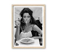 iHery Italian Woman Eating Pasta Natural Oak Canvas Wall Art Picture Print 12x16 Inch Vintage Lady Eating Spaghetti Black White Print Retro Sophia Loren