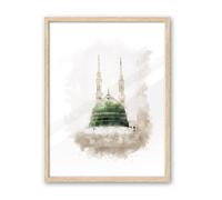 iHery Natural OAK Wood Islamic Masjid an-Nabawi Medinah Framed Wall Art, 12x16 in Beige Prophet Muhammad Second Holiest Canvas Wall Art Modern Medina Wall Decor Set of 1 for Bedroom Living Room