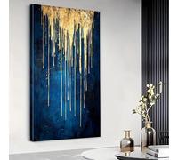 IHHGNB Abstract Large Wall Art Blue Background Canvas Print with Gold Stripes Textured Pictures Artwork Living Room Decor(40x80cm(16x31in)/No frame)