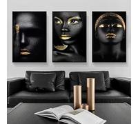IHHGNB African Woman Art Black and Gold Lips Portrait Canvas Painting Poster Print Wall Art Picture Home Deco for Living Room(60x80cm(24x31in) x3)