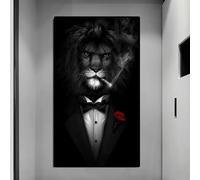 IHHGNB Black Wild Lion in a Suit Canvas Pictures Posters and Prints Abstract Lion Smoking a Cigar Canvas Paintings Wall Art 80x130cm(31x51in) Frameless