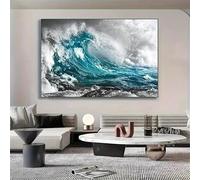IHHGNB Large Abstract Wave Canvas Wall Art Teal White Ocean Waves Canvas Print Modern Artwork Painting Picture Wall Decor(70x100cm(28x39in)/No frame)