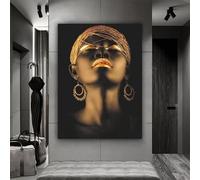IHHGNB Modern African Black Women Wall Art Painting Gold Lip Earrings Headdress Canvas Picture Posters and Prints Home Decor 80x160cm(31x63in) Frameless