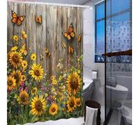 IHHGNB Rustic Wood Plank Sunflower Wildflower Butterfly Print Waterproof Fabric Shower Curtain for Bathroom Decor(91x210cm(36x83in)
