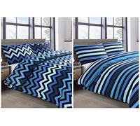 IHIDirect Two Pack Blue Zig Zag Chevron and Stripe Duvet Cover & Pillowcase Bedding Sets (Double Bed)