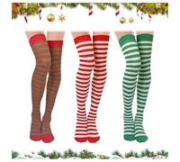 IHLOOTD Women's Elf Socks 3 Pairs Elf Socks Girls Christmas Striped Over Knee Stockings Red White Green Cosplay, Family Meetings and Celebrations, Roleplay, Mixed Colors, 32