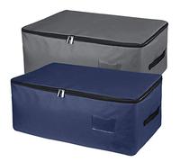 IHOMAGIC 2-Pack Under Bed Storage Bag, Zippered Storage Organizer with Side Handles - Storage Bins with Clear Pocket to Insert Label - for Comforters, Blankets, Towels (Navy Blue/Dark Grey, 49L S)