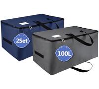 IHOMAGIC 2 Pieces Large Underbed Storage Bag with Handle, Foldable 600D Oxford Fabric Clothes Storage Bags Organizer Bag for Quilt, Blankets 100L (Dark Grey/Dark Blue)