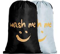 IHOMAGIC 2Pack Laundry Bag Extra Large 100-120L, Foldable Storage Bag with Drawstring Cord Lock Closure, Nylon Clothes Bags for Bedroom or Dormitory and travel, Golden Smile Fabric Bag, Black/Silver