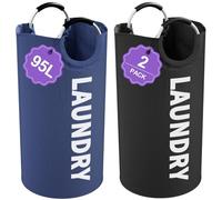 IHOMAGIC 2Pcs 95L Collapsible Laundry Basket, Tall Laundry Basket with Handles, Dirty Clothes Hamper in 600D Oxford Fabric, Freestanding Clothes Hampers for Bedroom, Bathroom, Hotel, Navy Blue + Black