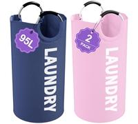 IHOMAGIC 2Pcs Folding Laundry Basket, 95L Portable Laundry Baskets with Aluminum Handles, Multi-functional Dirty Clothes Hampers for Bedroom, Travel, Navy Blue + Pink