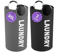 IHOMAGIC 2Pcs Large Laundry Hamper for Adult, 95L Folding Clothes Basket with Handles, Dirty Clothes Hampers for Bedroom, Stand-alone Laundry Bin for Family, Hotel, Dorm, Grey/Black