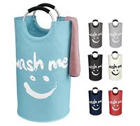 IHOMAGIC 95L Extra Large Laundry Basket Folding Washing Clothes Hamper with Soft Carry Handle Stand-alone Storage Bin for Toys Sundries Organiser Hamper with Smiley face for Bathroom Nursery (Blue)