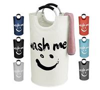 IHOMAGIC Laundry Hamper with Smiley 115L, Foldable Laundry Basket with Alloy Carrying Handle, Oxford Fabric Organiser Bin for Storage Clothes Toys, Portable Basket for Living room, Utility room, Beige