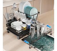 iHomara Stainless Steel Extendable Dishwasher Stand - 2-Tier Dish Drainer with Large Capacity, Rotating Spout, Rustproof & Space Saving for Kitchen Worktop