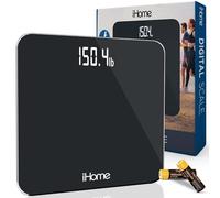 iHome Digital Scale, Black, Glass, Countertop, LED Display, 400 lbs Max, High Precision Sensors, Auto-Calibration, Bathroom Scale, Body Weight Scale