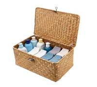 IHONYI Wicker Storage Basket - Seagrass Basket with Lid, Hand-Woven, with Sturdy Wire Frame, Laundry Baskets, Baskets & Storage Box for Bathroom, Shelf, Bedroom, Living Room (S)