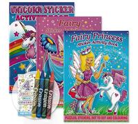 ihoot A6 Kids Activity Book Bundle | 6x Books PLUS 6x Packs of Colouring Crayons | Party Bag Fillers for Kids, Activity Packs including Fairy, Princess, Unicorn Colouring, Stickers and Puzzles