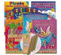 ihoot A6 Kids Activity Book Bundle | 6x Books PLUS 6x Packs of Colouring Pencils | Party Bag Fillers for Kids, Activity Packs including Dinosaur, Unicorn, Superhero Colouring, Stickers and Puzzles