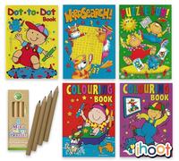 ihoot Kids Colouring and Puzzle Activity Bundle | 10x Books plus 10x Eco-friendly Coloured Pencils | Kids Activity Packs, Party Bag Fillers, Stocking Fillers