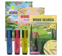 ihoot Wordsearch Book and Highlighter Bundle | 3x Word Search Books for Adults PLUS 3x Handy Highlighter Pens | Activity Puzzle Travel Bundle | Over 130 Brain Teasers in Each