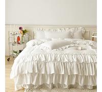 IHOUSTRIY Ruffle Duvet Cover Queen Size,100% Washed Microfiber 3pcs Bedding Duvet Cover Set, Shabby Chic Farmhouse Duvet Cover and Pillow Shams, Zipper Closure & Corner Ties, Easy Care, White - Queen