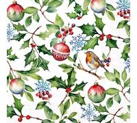 IHR Ideal Home Range Cocktail Napkins Disposable 3-Ply Paper Party Napkin Pack, 5" x 5", Christmas Holly, 20-Count