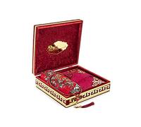 ihvan online Luxury Islamic Prayer Velvet Covered Gift Box, Deluxe 4 Piece Set with Elegant Velvet Covered Quran & Prayer Beads Tesbih & Prayer Rug, Ramadan & Eid Gift, Burgundy