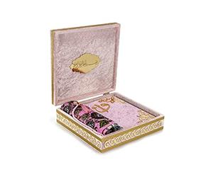 ihvan online Luxury Islamic Prayer Velvet Covered Gift Box, Deluxe 4 Piece Set with Elegant Velvet Covered Quran & Prayer Beads Tesbih & Prayer Rug, Ramadan & Eid Gift, Pink