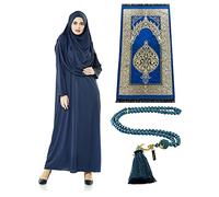ihvan online Muslim Dresses for Women, One-Piece Long Sleeve Islamic Prayer Dress with Prayer Rug & Beads, Abaya Prayer Set, Islamic Gift Set for Women, Navy Blue, Standart Size: 2-12 (XS-XXL)