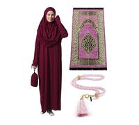 ihvan online Muslim Dresses for Women, One-Piece Long Sleeve Islamic Prayer Dress with Prayer Rug & Beads, Abaya Prayer Set, Islamic Gift Set for Women, Fuchsia, Standart Sizes: 2-12 (XS-XXL)