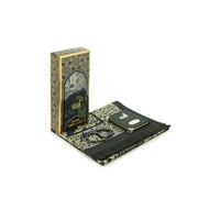 ihvan online Taffeta Fabric Muslim Prayer Rug & Velvet Covered Yaseen Surah Pocket-Size Book & Crystal Prayer Beads Set with Kraft Boxed, Perfect Islamic Ramadan Eid Gifts, Black - Gold