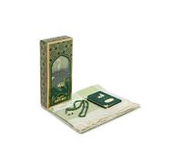 ihvan online Taffeta Fabric Muslim Prayer Rug & Velvet Covered Yaseen Surah Pocket-Size Book & Crystal Prayer Beads Set with Kraft Boxed, Perfect Islamic Ramadan Eid Gifts, Green