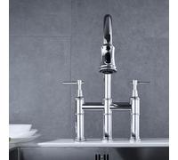 IHVOOUKAK Enhance Kitchen Efficiency with Bridge Kitchen Faucet Dual Handle Pull-Down Sprayhead 360-Degree Rotation Spot Finish