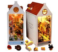 iiecrKiie Book Nook Kit DIY Miniature House with LED Light Bookshelf Insert Decor Wooden Bookend Craft Hobby Diorama Kit Unique Gifts