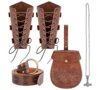 iienjoy 4PCS Renaissance Viking Costume Accessories Set, Medieval Faux Leather Belt with Vintage Pouch, Arm Bracers & Thor Hammer Necklace for Men Women Halloween Cosplay Party