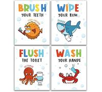 IIILUYOT Funny Sea Critters Bathroom Decor Rules, Novelty Ocean Shark Art Prints 4 Set(8'X10'), Sea Wall Art for Nursery, Kids & Teens