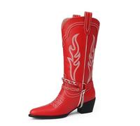 iiimmu Cowboy Boots for Women Chain Pointed Toe Chunky Heel Ladies Riding Boots with Embroidered Western Boots Pull On Faux Leather, Red Excursion Plain Getaway Solids, 8 UK