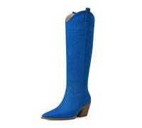 iiimmu Cowgirl Boots Women Knee High Boots Pointed Toe and Block Heel Cowboy Suede and Faux Leather Boots with Embroidered, Royal Blue, 4 UK