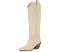 iiimmu Cowgirl Boots Women Knee High Boots Pointed Toe and Block Heel Cowboy Suede and Faux Leather Boots with Embroidered, Beige, 6 UK