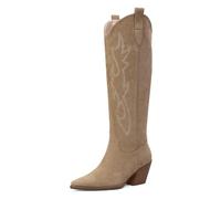 iiimmu Cowgirl Boots Women Knee High Boots Pointed Toe and Block Heel Cowboy Suede and Faux Leather Boots with Embroidered, Nude, 2 UK