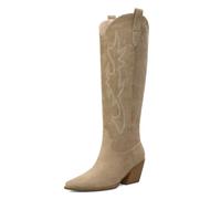 iiimmu Cowgirl Boots Women Knee High Boots Pointed Toe and Block Heel Cowboy Suede and Faux Leather Boots with Embroidered, Tan, 10 UK