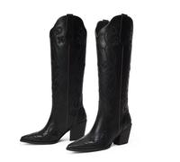 iiimmu Cowgirl Boots Women Knee High Vintage Cowboy Boots with Floral Embroidered Classic Pull On Design Western Footwear, Black-pu, 4 UK