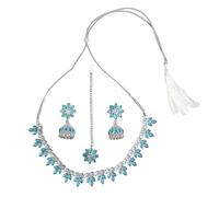 IIJ Glam Flora Silver Tone Choker Set | Dark Physiology & Crystal AD Stones | Jhumki Earrings & Maang Tikka | Elegant Bridal & Festive Jewelry | Traditional & Stylish Set