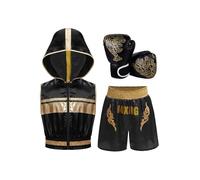 iiniim 3Pcs Kids Boys Boxing Uniform Zipper Hooded Tank Tops with Muay Thai Boxer Shorts Sparring Gloves Set Black 7-8 Years