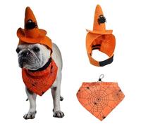 iiniim Adjustable Triangle Dog Bandana and Halloween Witch Hat Set for Large Medium Small Dogs Orange Spider S