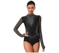 iiniim Ballet Bodysuit for Women Sequin Long Sleeves Dance Leotard Turtleneck Gymnastics Costume Adult Dancewear Black XL